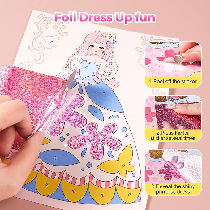 4 in 1 Princess Art Craft Kits, Foil Crafts Art Fun & Gem Painting, Makeup Diamond DIY Activity, Dress Up Sticker Books,Travel Toys, Ideal Toys for Girls Ages 6 7 8+ Years Old