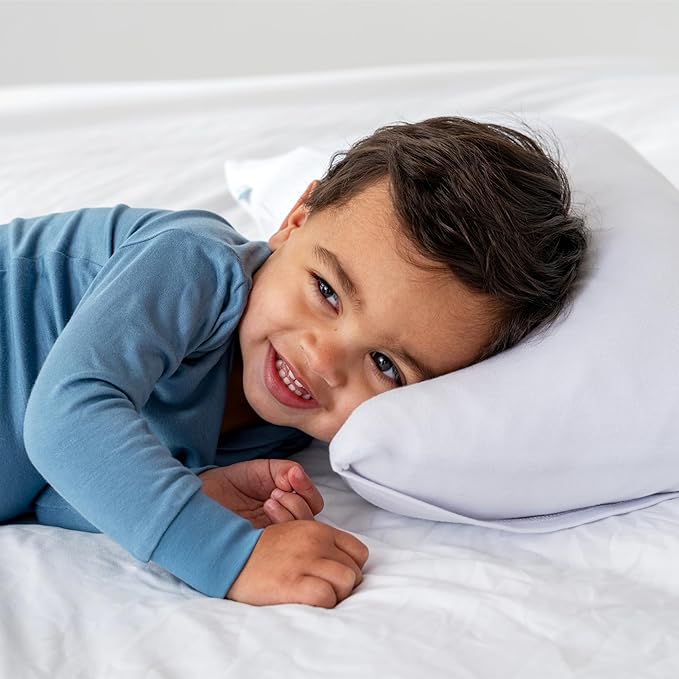 Dreamland Baby Premium Toddler Pillow and White Pillowcase, 13 x 18. Machine Washable, Ergonomic Kids Pillow + Ultra Soft Viscose Pillowcase. Mom-Owned US Business, Premium Materials
