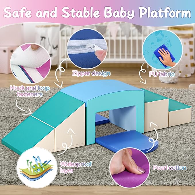 SURPCOS Foam Climbing Blocks for Toddlers - Soft Play Set for Toddlers 1-3 - Climbing Toys - Baby Climbing Gym Foam - with Slide Stairs and Tunnel - Great for All Ages (6 Pc Blue Soft Play Area Set)