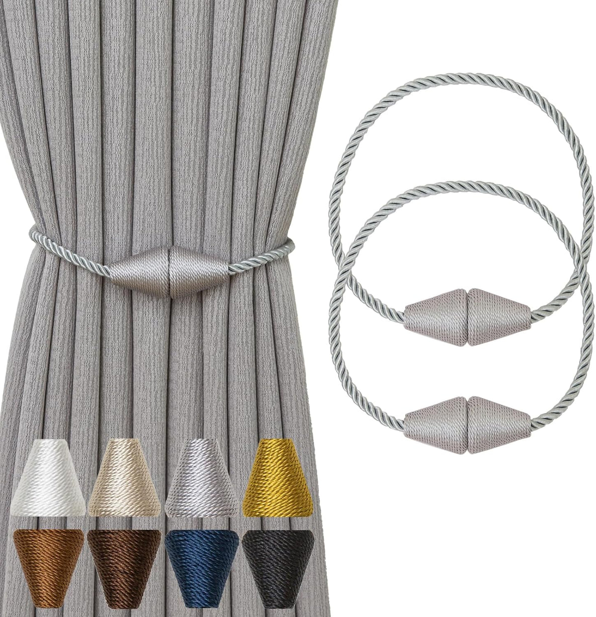 Magnetic Curtain Tiebacks 2 Pack Outdoor Rope Curtain Tie Backs Decorative Window Treatment Holdbacks for Home Decorative Curtain, Grey