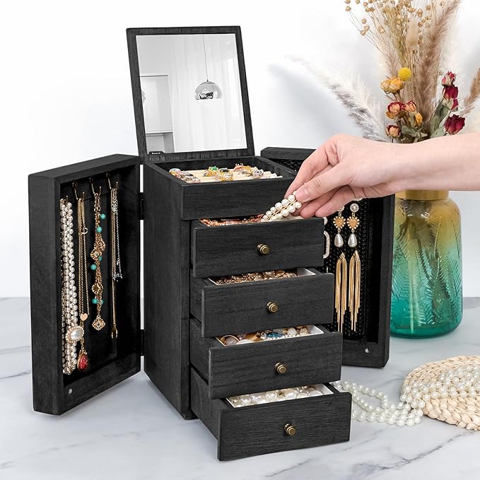 Meangood Jewelry Box Wood for Women, 5-Layer Large Organizer Box with Mirror & 4 Drawers for Rings, Earrings, Necklaces, Black