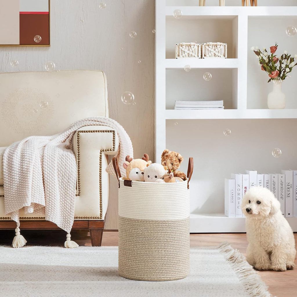 VIPOSCO Small Laundry Basket, Slim Baby Hamper with Leather Handle, Cute Woven Rope Storage Basket for Blanket, Kids Toy, Clothes In Living Room, Bathroom, Bedroom, Nursery Room - 30L White & Brown