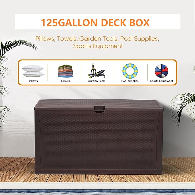 125 Gallon Resin Deck Box, Weatherproof Outdoor Storage Box for Patio, Garden, Pool, and Yard, Lockable Waterproof Bin for Tools, Cushions, and Accessories, Brown