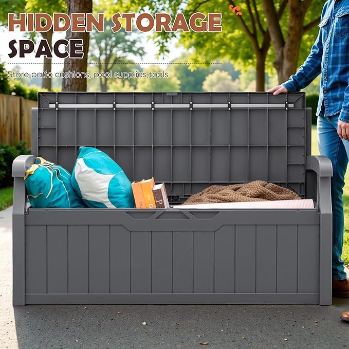 JUMMICO 80 Gallon Resin Outdoor Storage Bench, Large Deck Box with Armrest, Lockable & Waterproof for Garden, Home, Patio, Pools (Grey)