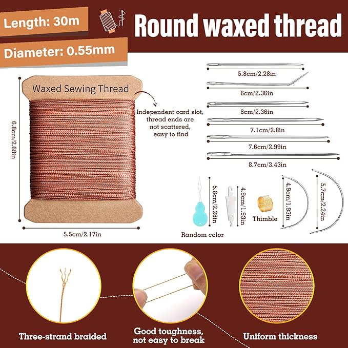 Repair Sewing Kit, Upholstery Needle and Thread Kit with 32 Yard Waxed Thread and 8 Pcs Heavy Duty Leather Needles for Hand Stitching, Canvas & Quilting - 0.55mm Round Waxed Brown