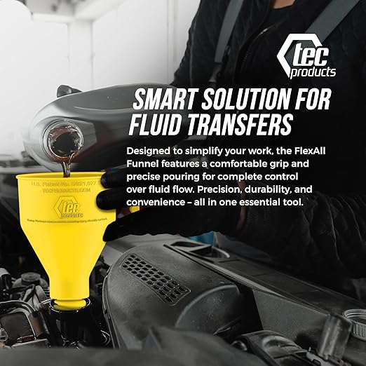 TEC Products FlexAll Long Flexible Funnels - Automotive Oil Funnel with Hose, Durable Nitrile Rubber for Oil Change, Transmission Funnel Fluid, Diesel, Fuel, Gas - Made in USA - Yellow (12 x 4 Inches)