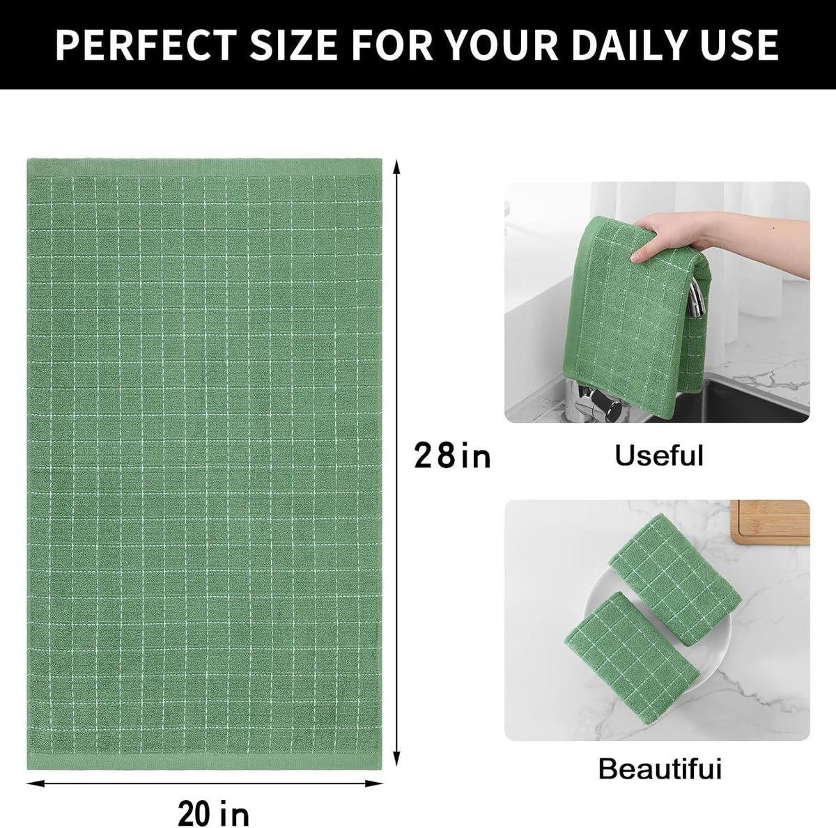 Homaxy 100% Cotton Terry Kitchen Towels(Grass Green, 20 x 28 inches), Checkered Designed, Soft and Super Absorbent Dish Towels, Large 4 Pack