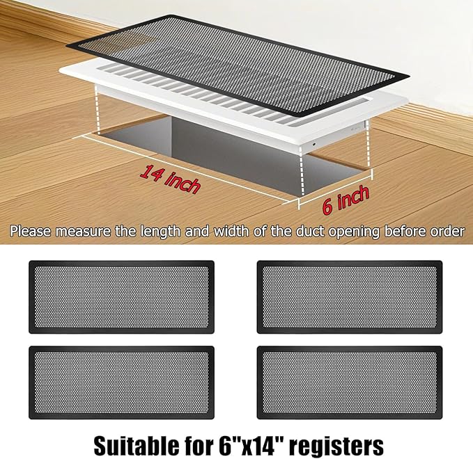 Floor Register Vent Cover, 6"x14" Magnetic Air Vent Screen Mesh Covers for Home Floor/Wall/Ceiling Registers Air Vent Filters, Black (4 Packs)