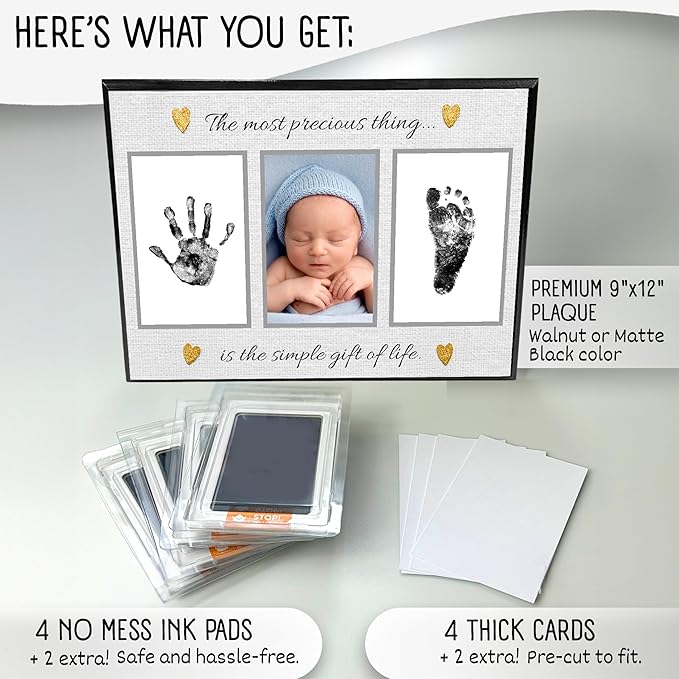 Baby Hand and Footprint Kit with Photo & Birth Details, Inkless Hand and Footprint Kit, Newborn Keepsake Plaque, Baby Shower Gifts (STYLE 2 (Baby Shower) (Most Precious Thing))