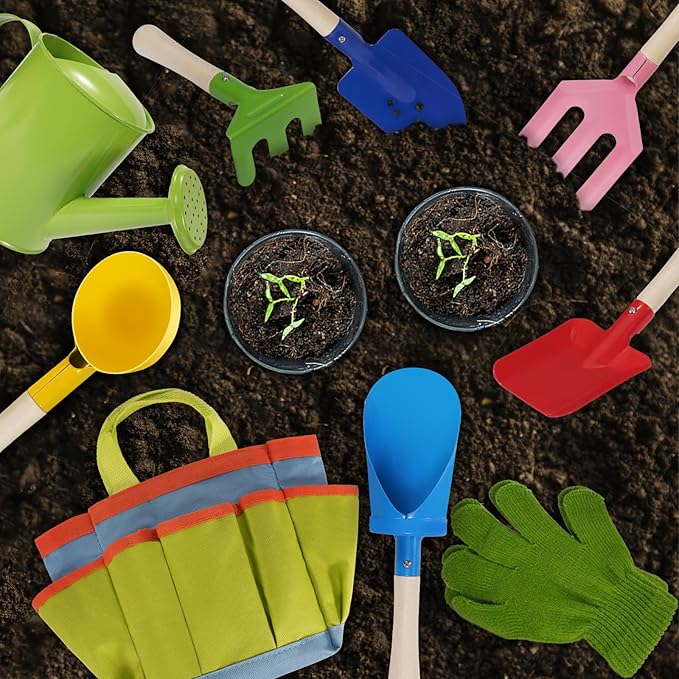 Kids Gardening Set 14Pcs Gardening Tools for Kids with Tote Bag,Watering Can, Shovel, Apron, Garden Book and More Educational STEM Learning Outdoor for Toddlers Boys Girls (Green)