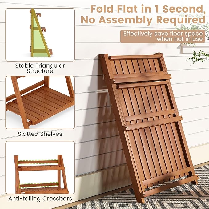 Giantex Foldable Ladder Plant Shelf, 3-Tier Solid Wood Indoor Outdoor Flower Pot Display Rack, Corner Storage Bookshelf, Freestanding Tiered Plant Stand for Garden Patio Balcony, No Assembly
