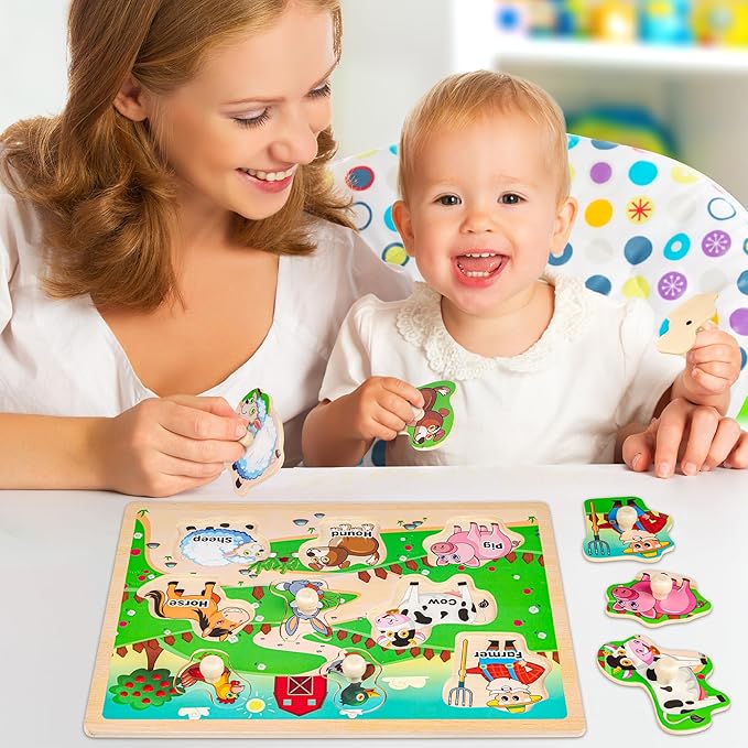 SYNARRY Wooden Puzzles for Toddlers 1-3, 6XSET Animals Puzzles for Toddlers 2-4 with Rack, Toddler Puzzles Ages 2-4, Kids Learning Educational Montessori Toys for 2 3 Year Old, Gifts for Boys Girls