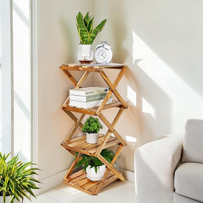 BEEFURNI Acacia Plant Stand Indoor Corner, Wooden Outdoor 4 Tier Corner Planter Stand, Foldable Shelf Display, Tall Plant Bench for Succulent, Easy Assembly, Window Decor, 1-year Manufacturer Warranty