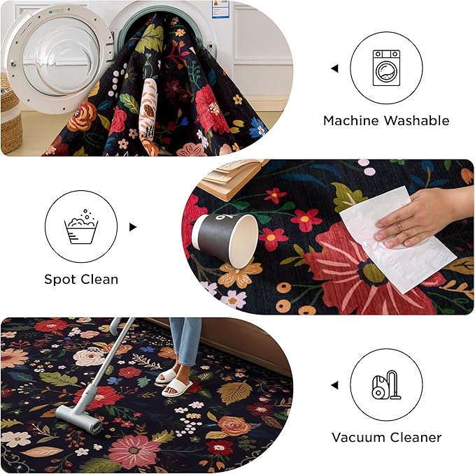 3x5 Area Rug, Floral Black Washable Rug for Entryway, Non Slip Flower Area Rugs, Soft Low Pile Indoor Doormat Small Carpet, Rugs for Living Room Bathroom Bedroom Nursery Kitchen Dining Room