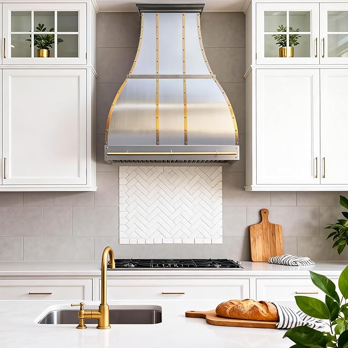 CHETTO C Stainless Steel Range Hood Cover with Quiet Vent Hood Insert Custom Handcrafted Metal Kitchen Fan with Towel Rack LED Light 54"W x21"D x33"H Brushed Stainless Steel Wall Mount