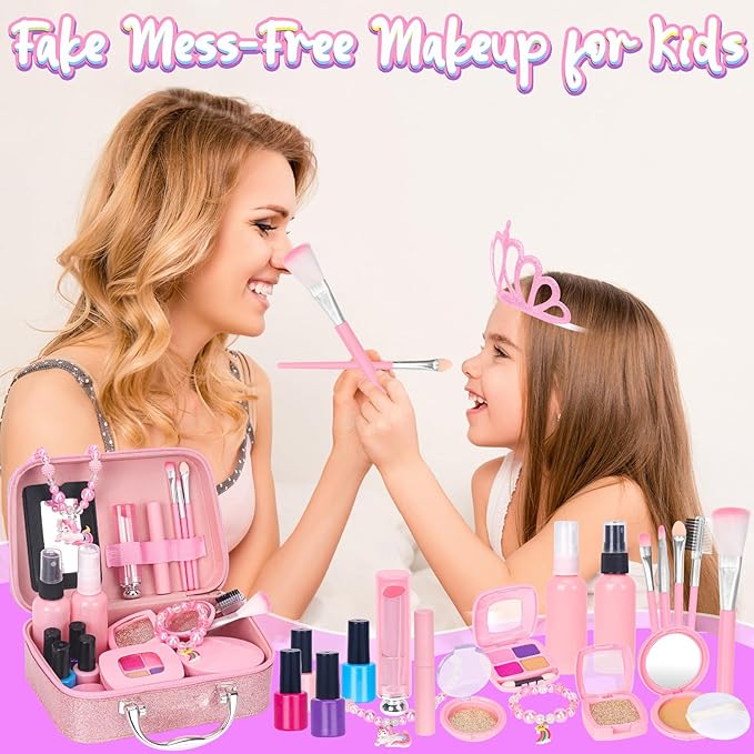 Pretend Makeup for Toddlers, Kids Pretend Makeup Kit for Girls Fake Makeup Toys with Cosmetic Bag, Play Makeup for Little Girls Age 3 4 5 6 7 Christmas Birthday Gifts Toys (Fake Makeup)