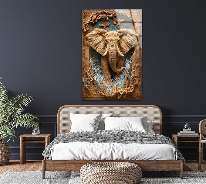 My Photostation.com 40WX60H'' Elephant Carving Glass Wall Art Tempered Glass Printing Wall Decor Large Wall Art Wall Hangings
