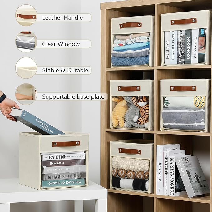 HNZIGE 11 x 11 Storage Cubes Bins for Storage Organizer,Shelf Fabric Storage Bin for Cube Organizer, Canvas Cloth Bin,Cubby Decorative Cube Organizer Bin for Cube Storage Blanket Home(Cream 6 PCS)
