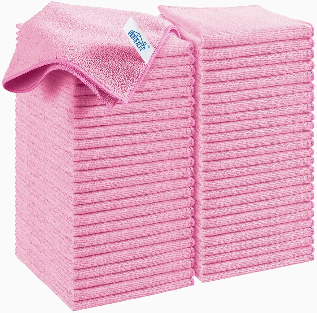 HOMEXCEL Pink Microfiber Cleaning Cloth, 50 Pack Cleaning Towels for Kitchen, Lint Free, Scratch-Free, Highly Absorbent, and Reusable Cleaning Rags for House, Window and Glass, Cars, 11.5 X11.5 inch
