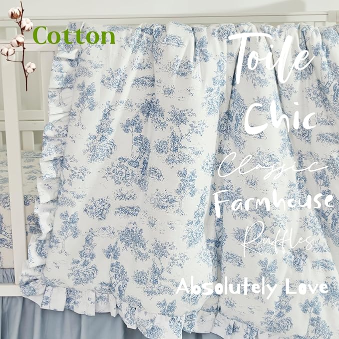 Brandream 3 Pieces French Country Toile Crib Bedding Set for Girls Vintage Blue Toile Floral Print 100% Cotton Baby Girl Nursery Bedding Collection - Ruffles Quilt,Toile Crib Sheet,Crib Bed Skirt
