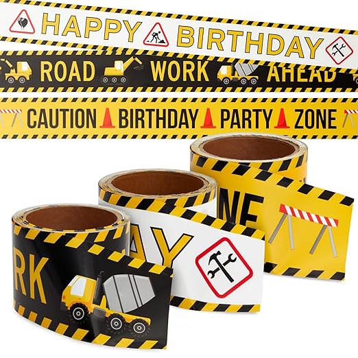 Blue Panda Construction Birthday Party Supplies Tape - 3 Rolls, 3 in x 100 Ft, Black, Yellow & White - Birthday Caution & Construction Tape Roll for Party Decorations