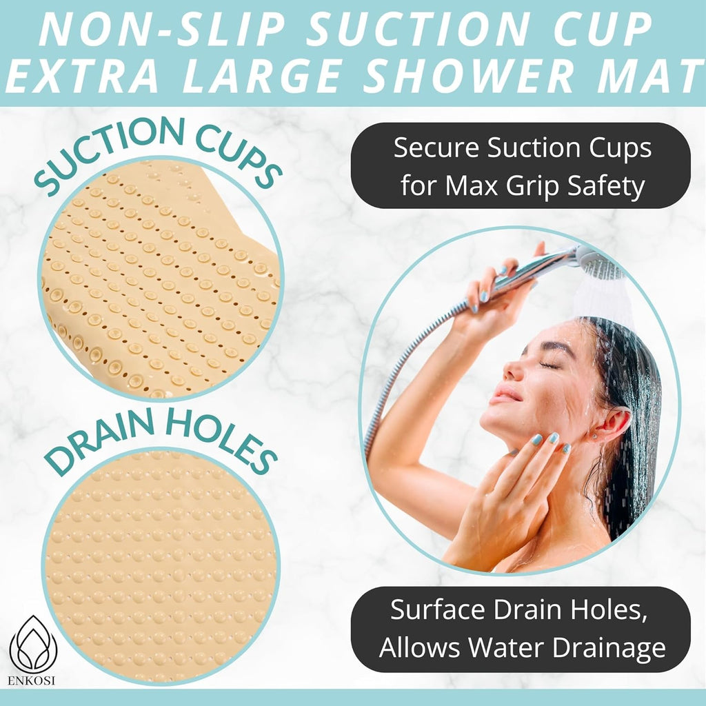 ENKOSI Extra Large Square Non Slip Shower Mat - 31 x 31-inch XL Bathroom Shower Mat - Square Shower Mats for Shower Stall Floors | Secure Suction Cups and Drain Holes (31x31 Beige Opaque)