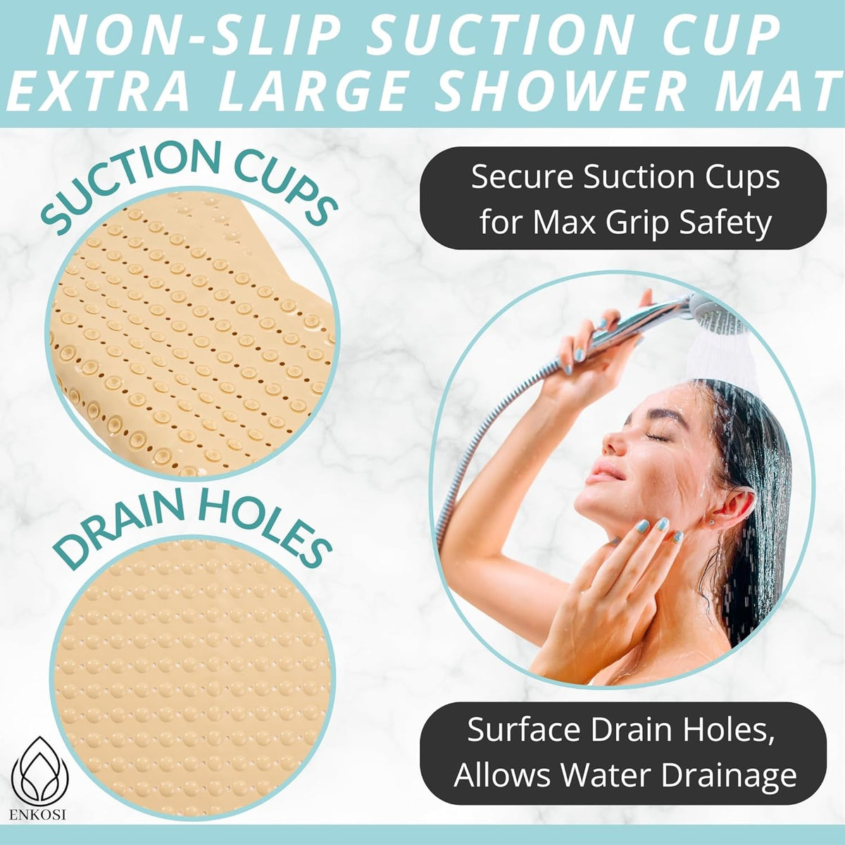 ENKOSI Extra Large Square Non Slip Shower Mat - 31 x 31-inch XL Bathroom Shower Mat - Square Shower Mats for Shower Stall Floors | Secure Suction Cups and Drain Holes (31x31 Beige Opaque)