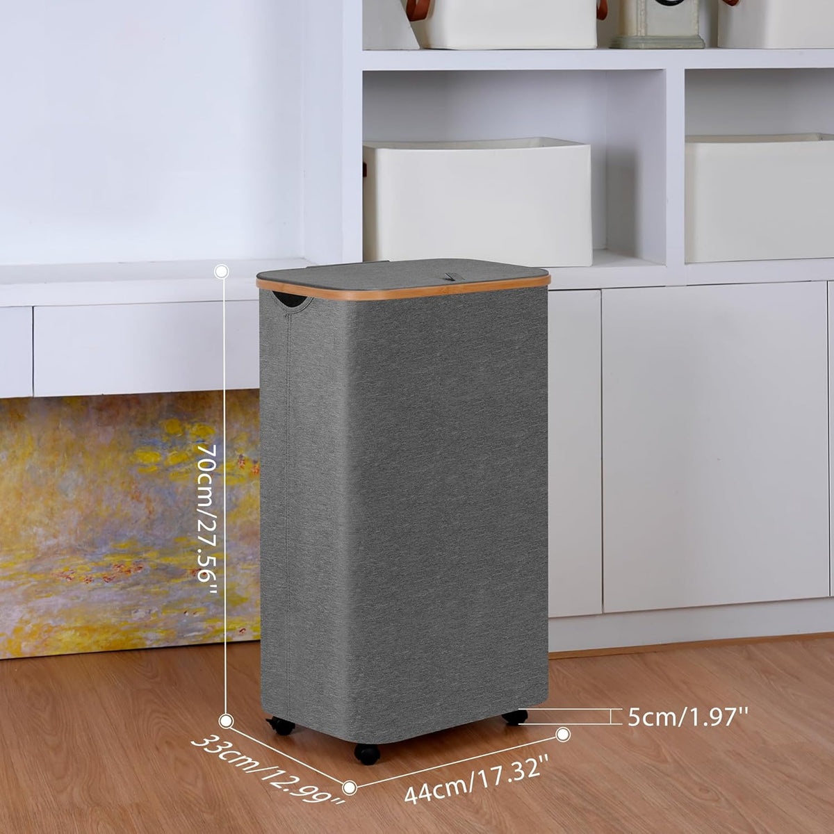 Laundry Basket with Wheels,100L Hampers for Laundry,Large Laundry Hamper with Lid and Bamboo Handles,Collapsible & Waterproof Tall Cloth Hamper for Dormitory Family,Grey