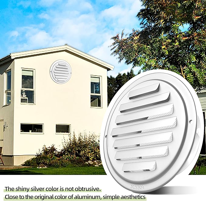 6'' Shiny Silver Paint Stainless Steel Air Vents, Louvered Grille Cover Vent Hood Flat Ducting Ventilation Air Vent Wall Air Outlet with Fly Screen Mesh for House (6 inch Shiny Silver Paint Cover)