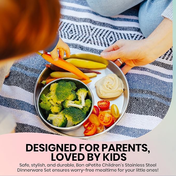 Children's 304 18/8 Stainless Steel Dinnerware Set | 1 Plate (21 cm) and 1 Bowl (10 ounces) | Matte Finish | 100% BPA Free | Non-Toxic | Dishwasher Safe