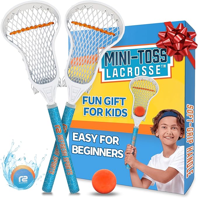Mini Toss Lacrosse Set – The Ultimate Game for the Backyard and Pool- Fun Gift for Kids - Comes with Water Skipping Ball & Rubber Ball - Comes with Full Size Large Basket for Easier to Catch & Throw