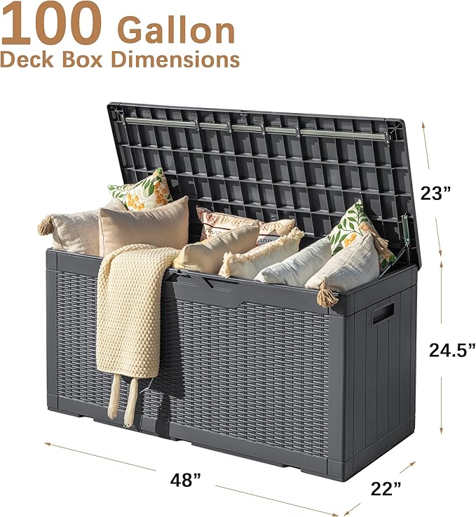 Devoko 97 Gallon Deck Box, Waterproof Resin Outdoor Storage Box for Outside and Patio, Large Outdoor Storage Bench Cabinet Lockable for Patio Furniture, Garden Tools and Pool Supplies (Gray)