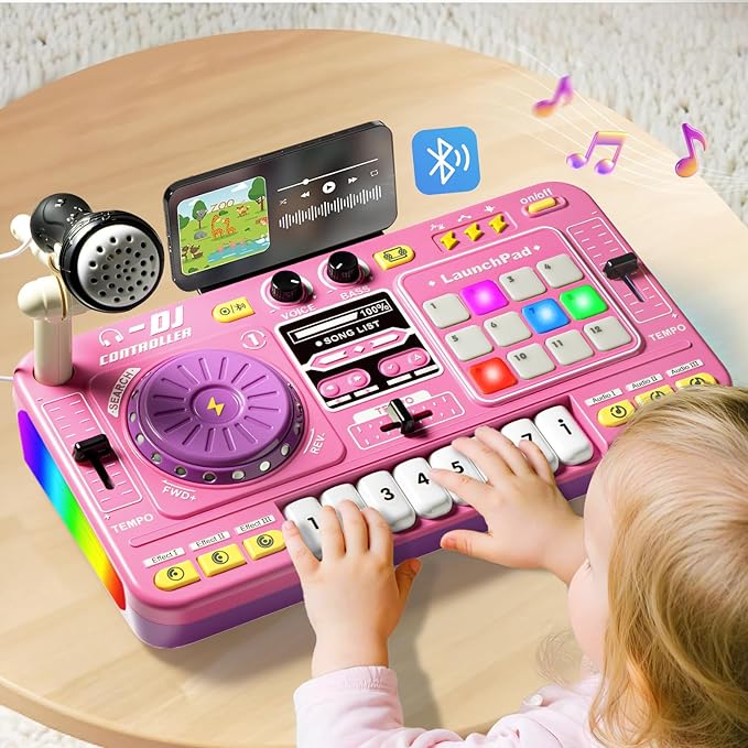 Baby DJ Table, Toddlers DJ Mixer Toy Sets with Lights, Songs, Sound Effects, Microphone, Baby Electronic Piano Sets, Chiristmas Birthday Gifts for 3 4 5 6 Years Old Girls