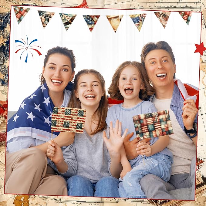 Ganeen 60 Pcs 10 x 10 Inch Vintage Patriotic Quilting Fabric Squares American Flag Fabric Bundle Retro 4th of July Fat Patchwork Precut Stripes for Memorial Day Handmade Material Sewing DIY Crafts
