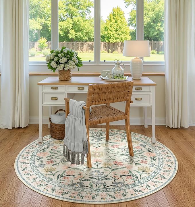 Wonnitar Round Washable Rug, Soft Floral Round Rugs 5ft Circle Carpets for Bedroom Ultra-Thin, Boho Beige Print Distressed Circular Carpet for Living Room Dorm Bedside