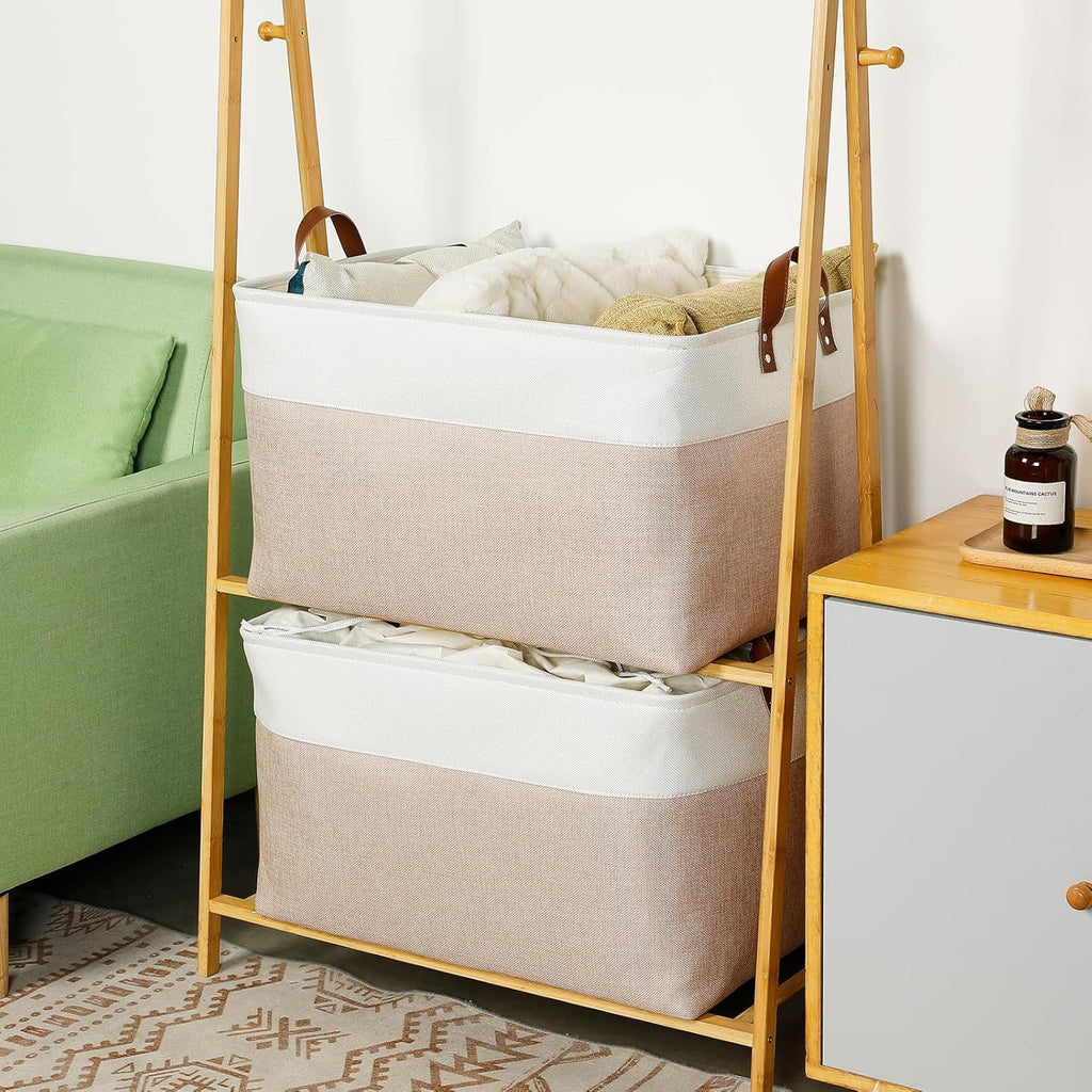 DULLEMELO Extra Large Baskets for Organizing, 22" X 15" X 13" Rectangle Fabric Storage Bins, Foldable Blanket Basket Living Room, Large Kids Toy Storage Organizer Bins, Baby Basket Gift (White&Khaki)
