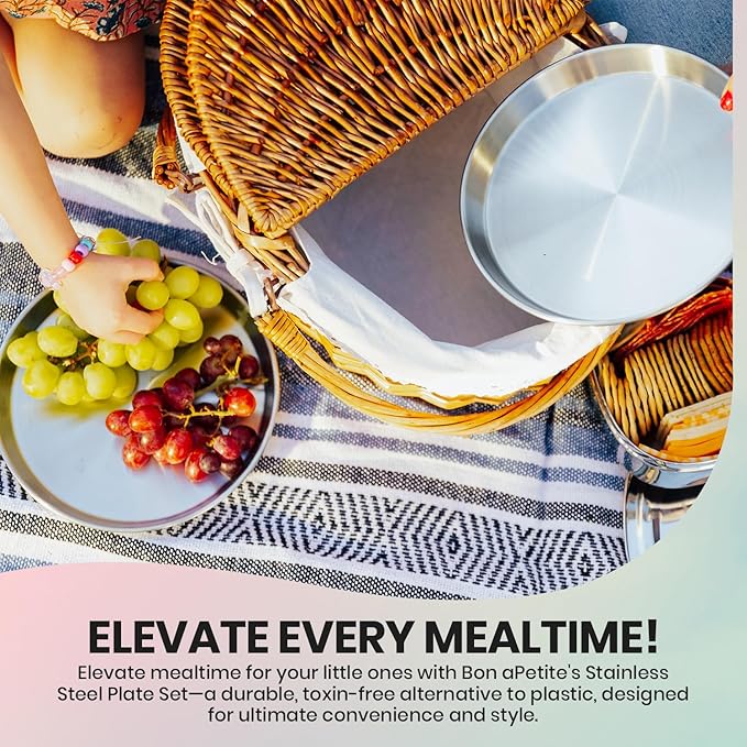 Children's 304 Stainless Steel Four (4) Piece Plate Set, 21 cm, Matte Finish, Plates for Kids, Toxin Free Stainless Steel Dinnerware Set, Non-Divided Plates, 100% BPA Free