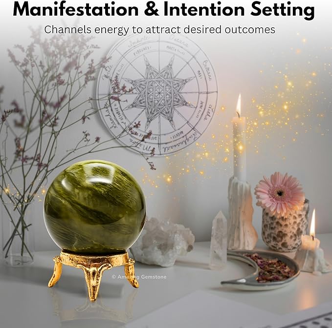 Amazing Gemstone Vesuvianite Crystal Ball with Stand - 2 Inches Crystal Sphere Meditation Balls for Witchcraft and Decorative Balls