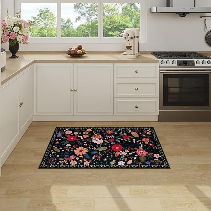 2x3 Washable Rug for Entryway, Floral Soft Small Area Rug, Non Slip Doormat Indoor Entrance Carpet, Flower Low Pile Front Door Throw Rug for Bedroom, Kitchen, Laundry, Bathroom, Black