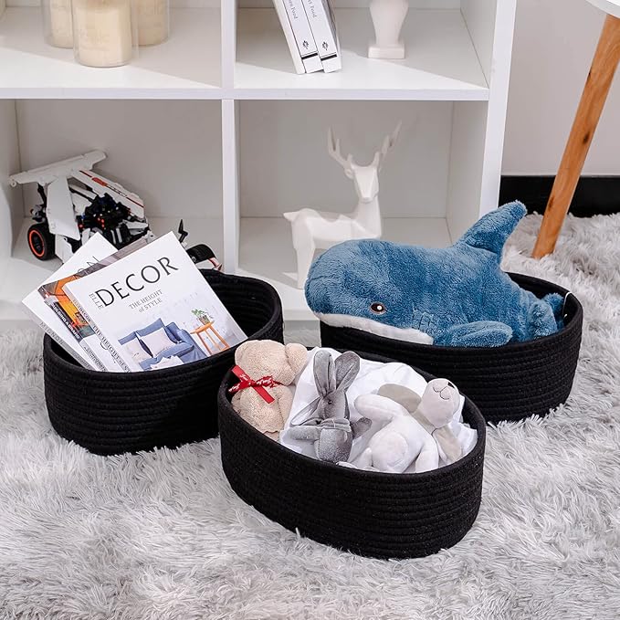 Shelf Storage Baskets for Organizing|Cute Basket for Closet&Blanket Storage|Small Woven Baskets to Store Toys,Books,etc.-13x8.66x5.11’’ Cotton Rope,Stylish,Oval 3 Packs Black