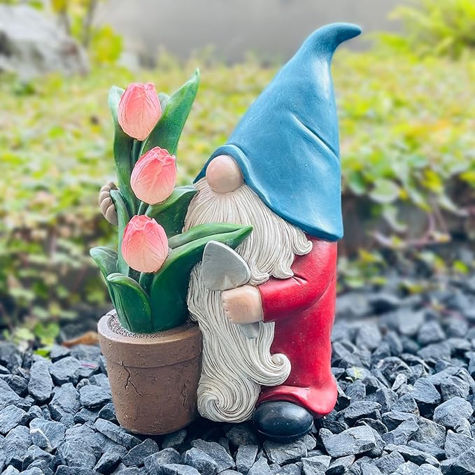 COWOS Garden Gnome Statue, Sculpture of a Dwarf Holding a Shovel and a Flower Pot, Solar Gnome Statues Outdoor Decor, Outside Lawn Patio Yard Ornament Gifts
