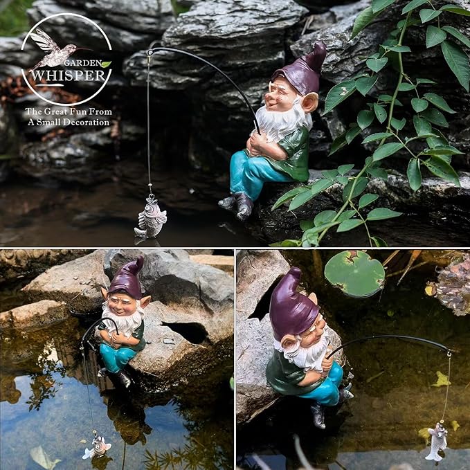 Garden Gnomes Outdoor Statue, Gnome Decorations for Yard 9.7'' Fishing Gnome Statue Outdoor Garden Decor, Fishing Guy for Waterfalls or Koi Pond Decor, Gifts for Women, Mom or Birthdays