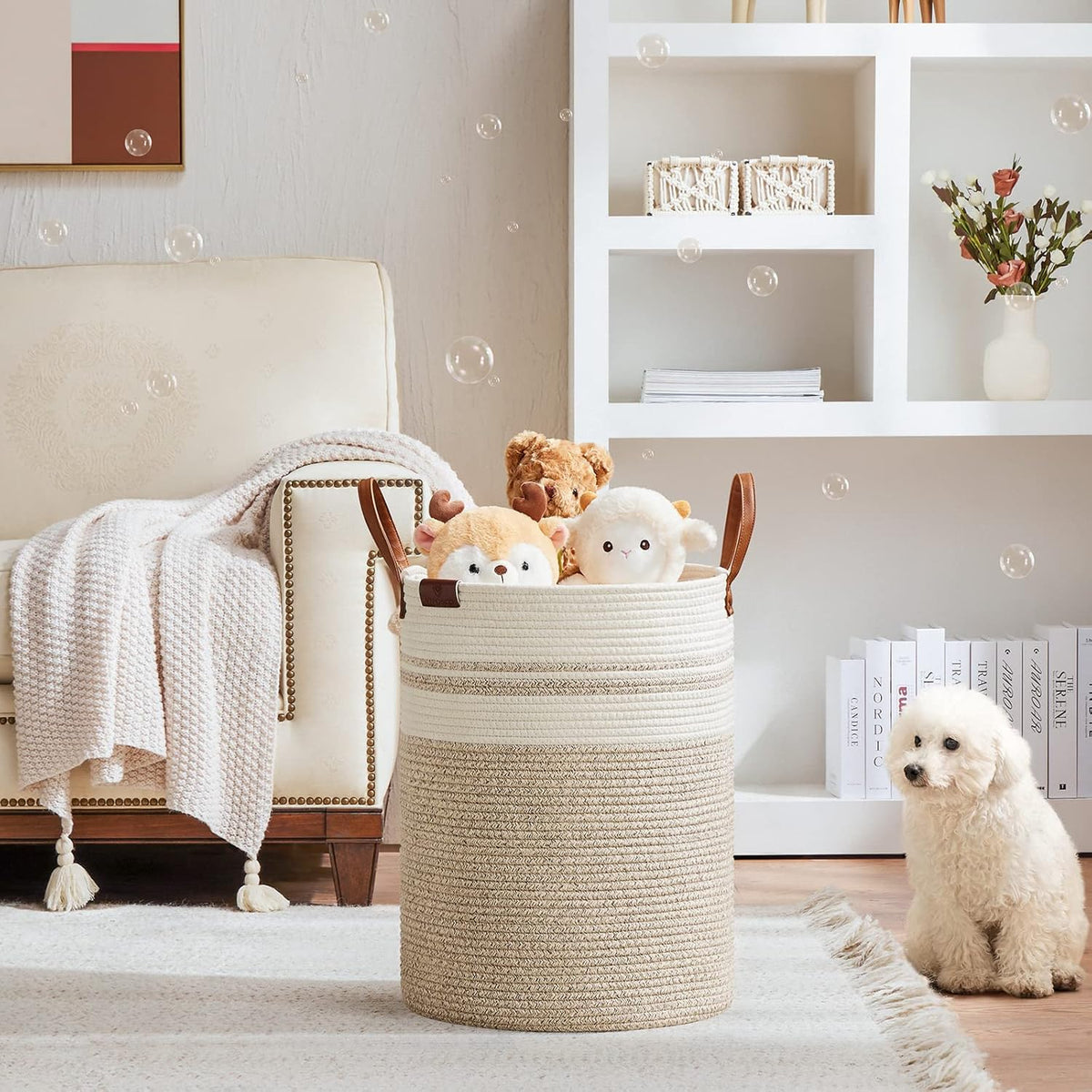VIPOSCO Tall Laundry Basket, Large Dirty Clothes Hamper with Leather Handle, Woven Rope Storage Basket for Blanket, Toy In Living Room, Bathroom, Bedroom - 58L Brown & White