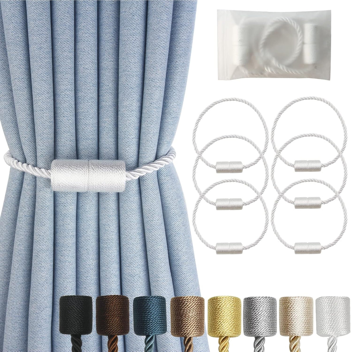 Magnetic Curtain Tiebacks 6 Pack White Curtain Rope Tieback Curtain Holders for Drapes Modern Tie Backs Decorative Curtain Holdbacks
