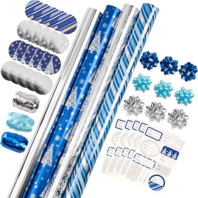 WRAPAHOLIC Blue Christmas Wrapping Paper Set - Blue and Silver Metallic Foil Shine Christmas Wrapping Paper Bundle with Gift Bow & Ribbon & Tag & Sticker