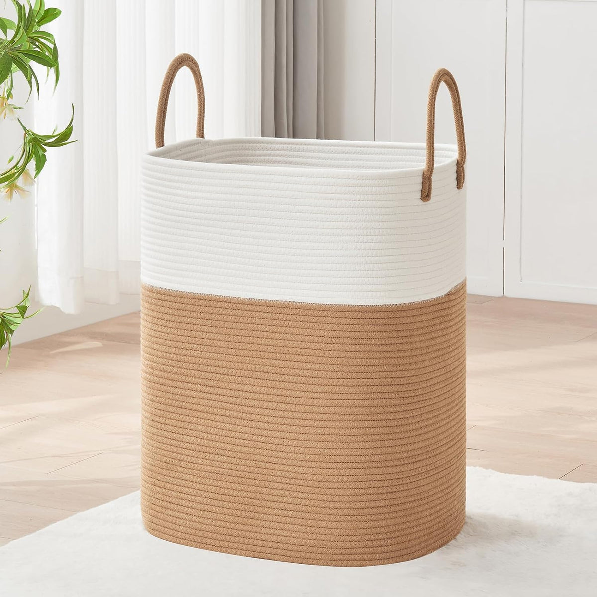 Laundry Basket with Handles - Blanket Basket & Hampers for Bedroom Aesthetic, Laundry Hamper & Blanket Storage for Living Room, Clothes Hamper, Tall, Large 17" x 14" x 22”, White & Jute