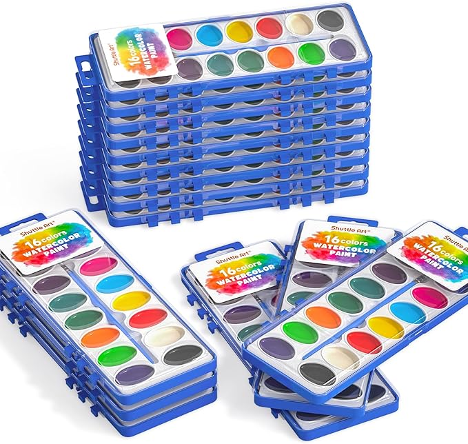 Shuttle Art 16 Colors Watercolor Paint Set Bulk, 15 Pack, Watercolor Paint Set with Paint Brushes for Kids and Adults, Washable Paint for Classroom, Parties, Kindergarten and Art Activities
