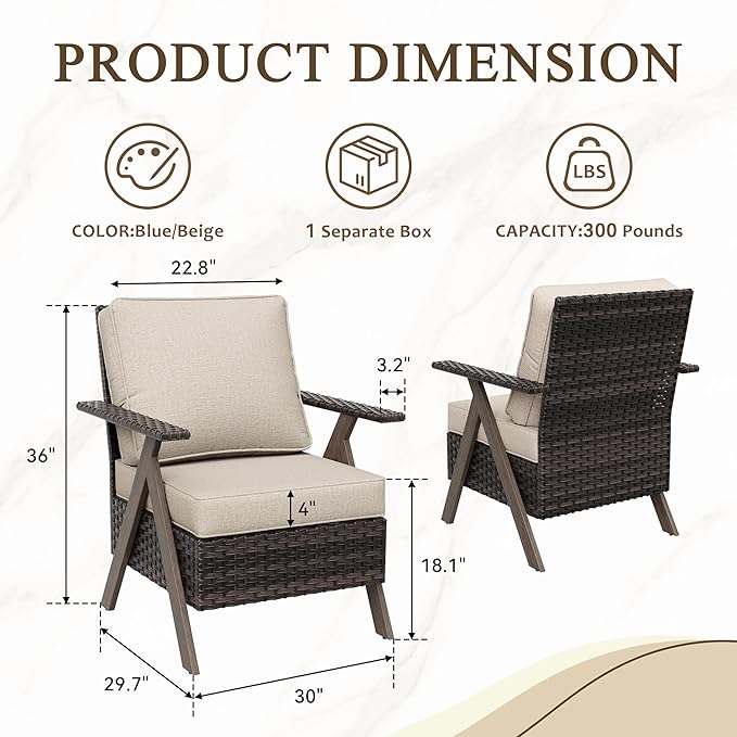 Outdoor Wicker Patio Chairs Set of 2, PE Rattan Patio Dining Chairs with Metal Frame and Deep Seating