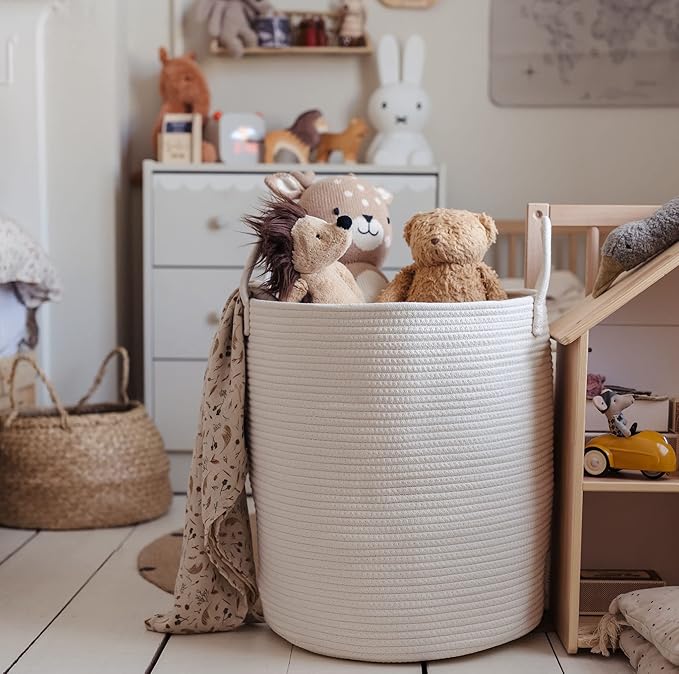 OrganiHaus White Laundry Basket 15x18, Cotton Rope Basket for Blankets, Tall Woven Baskets for Storage, Large Basket for Toys, Soft Blanket Holder Bin, Boho Blanket Basket for Living Room