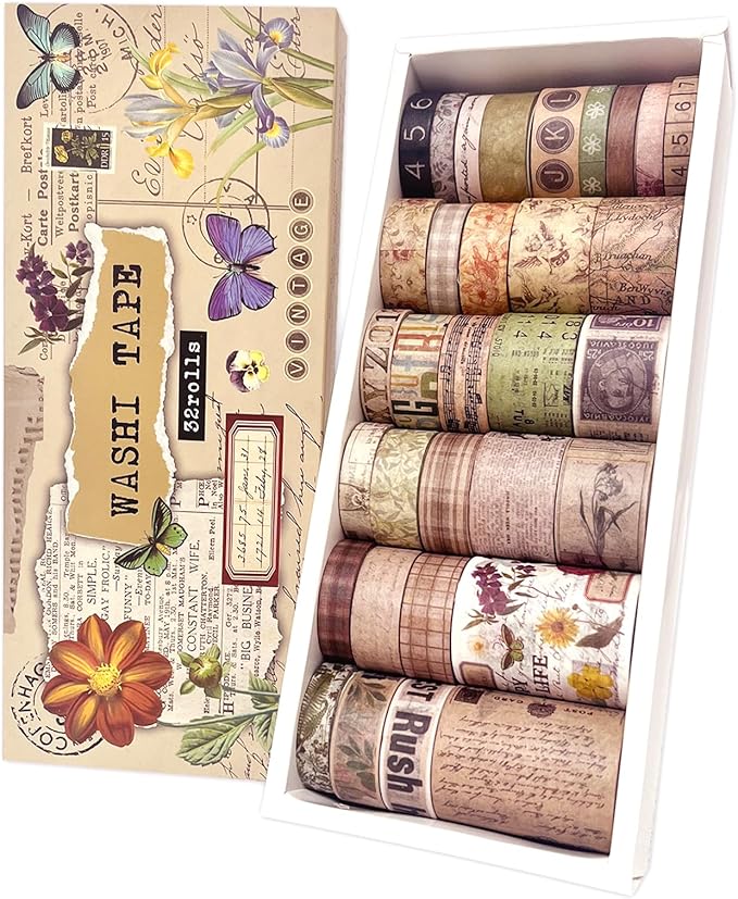32 Rolls Vintage Washi Tape, Aesthetic Colored Decorative Cute Scrapbook Tape for Scrapbooking Supplies Journaling Craft Junk Journal